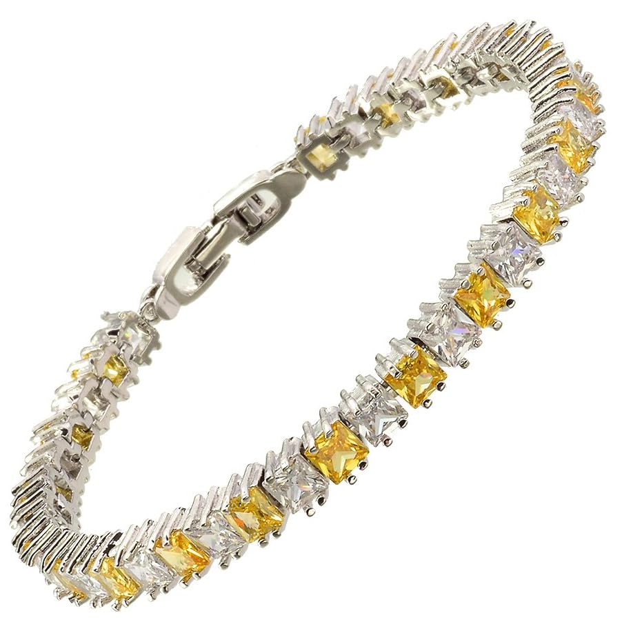 RIZILIA [Ice Cube] Princess Cut Multi-Color CZ 18K White Gold Plated Tennis Bracelet, 7"