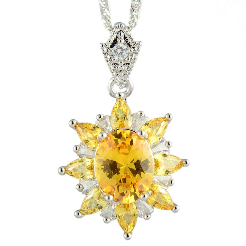 RIZILIA Oval CubicZirconia 18K White Gold Plated Flower Pendant Necklace Curb Chain