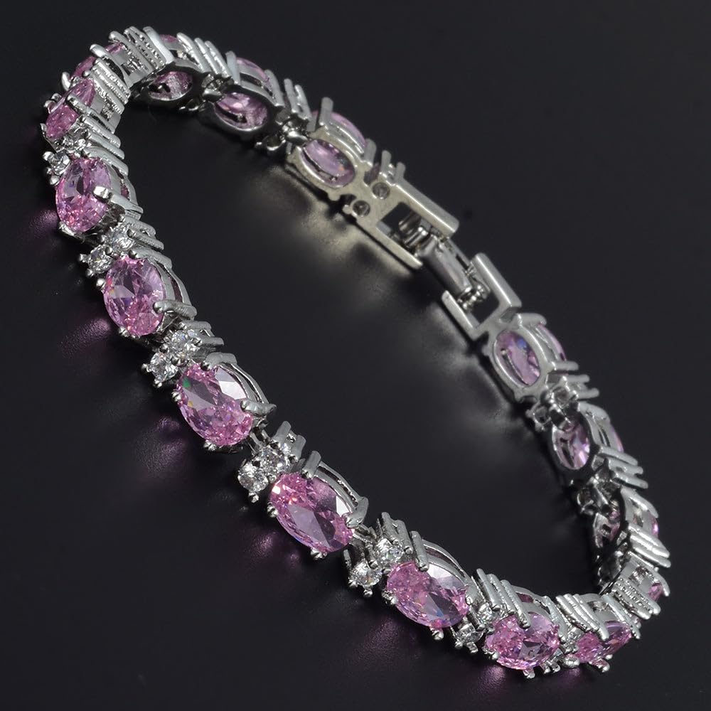 RIZILIA Oval Cut Multi-Color CZ Birthstone 18K White Gold Plated Tennis Bracelet, 7"