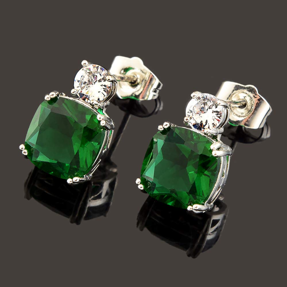 [RIZILIA CLASSIC] Stud Pierced Earrings with Cushion Cut Gemstones CZ [Multi-Colors available] in 18K White Gold Plated, Simple Modern Elegant