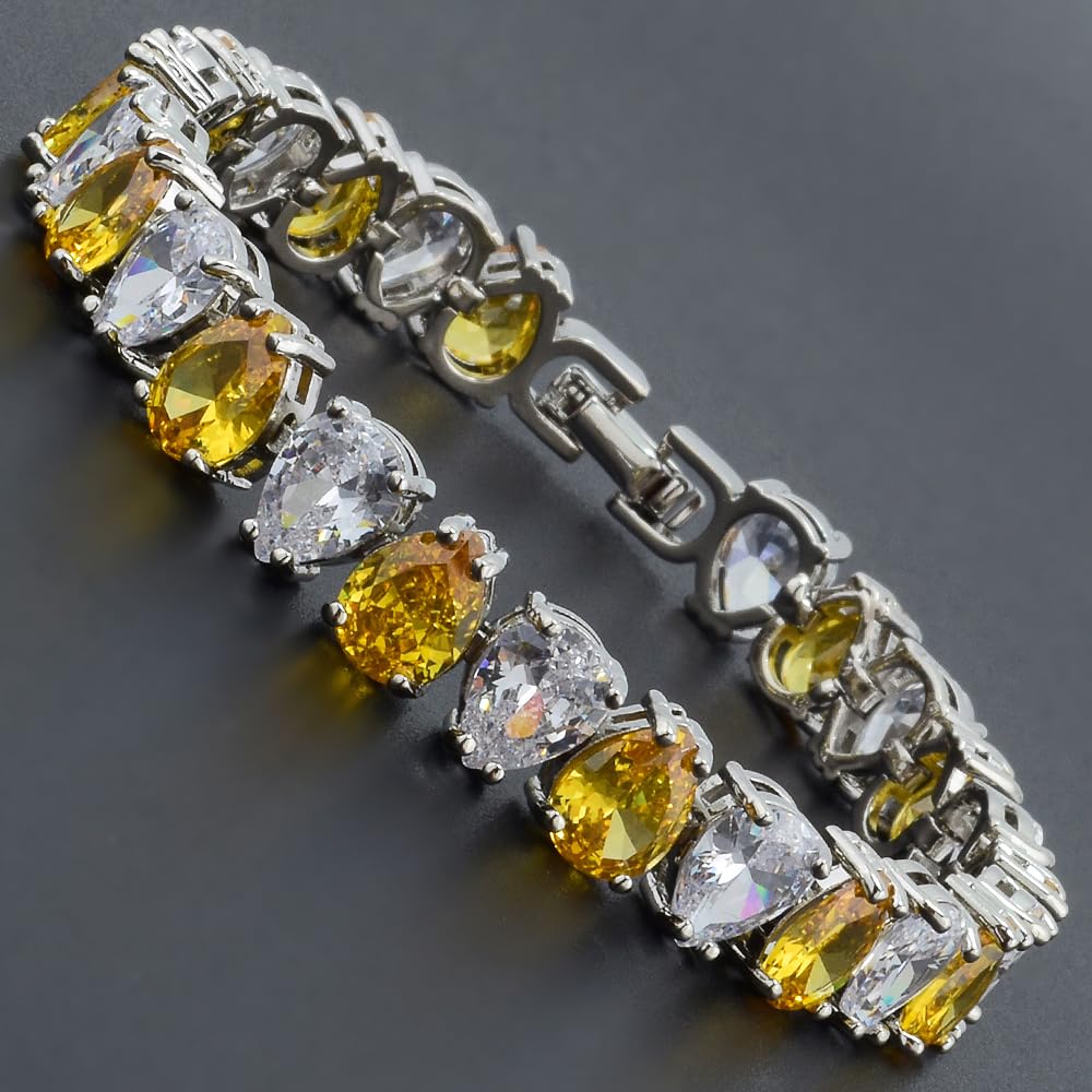 RIZILIA SPECTRUM Trendy Pear-Cut Cubic Zirconia Tennis Bracelet for Women | 14K Gold Plated 6mm Multicolor CZ Stones | 7 Inch Elegant Jewelry Gift for Her