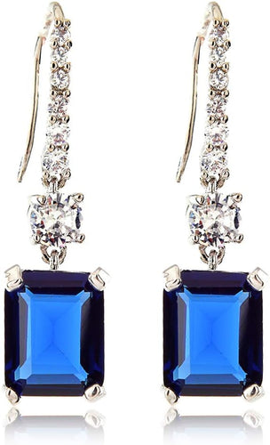[RIZILIA CLASSIC] Dangle Drop Pierced Swan Hook Earrings with Emerald Cut Gemstones CZ [Multi-Colors available] in 18K White Gold Plated, Simple Modern Elegant