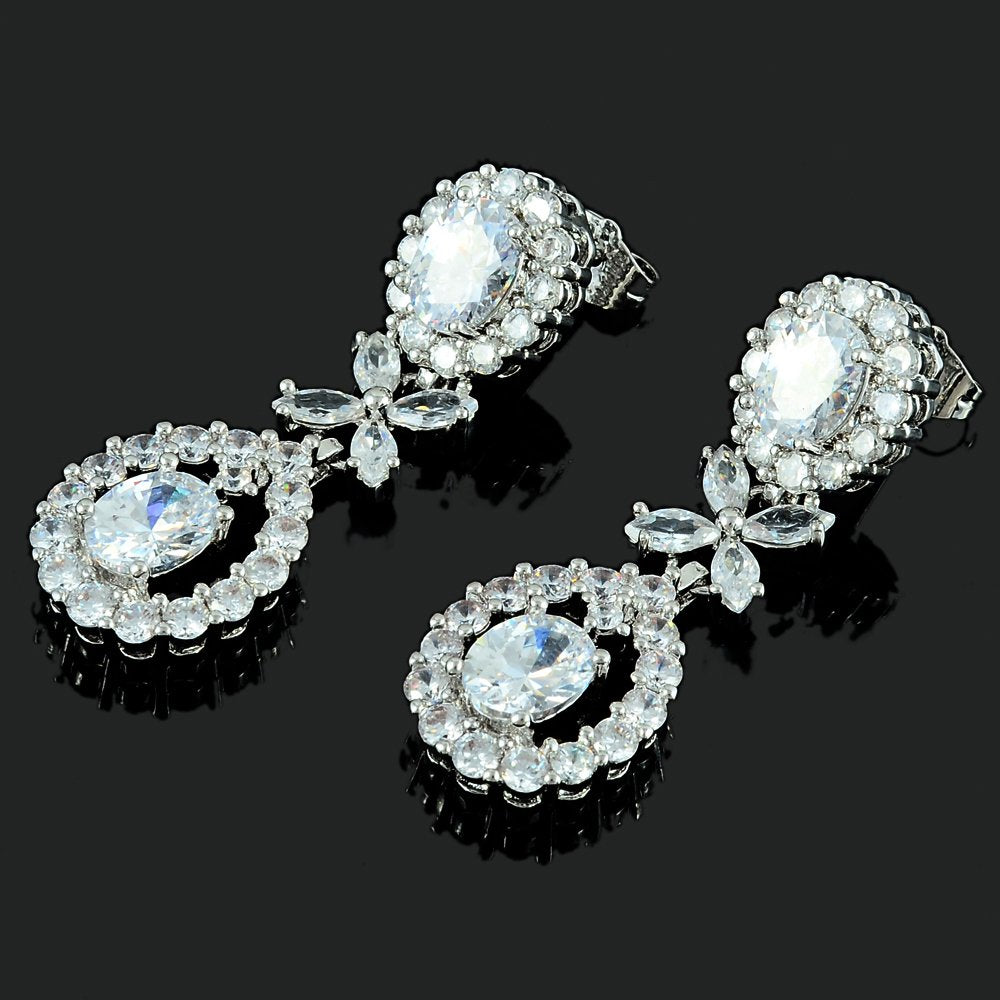[RIZILIA BLOSSOM] Dangle Drop Pierced Earrings with Oval Cut CZ [3 Colors available] in White Gold Plated, Simple Modern Elegant