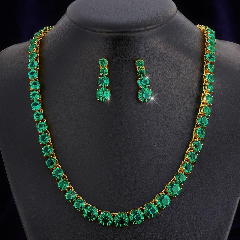 RIZILIA Jewelry Set for Women – 19" Necklace & Dangle Earrings, Round Cut Cubic Zirconia (Multi Color Birthstones) in Yellow Gold Plated – Inspired by Anna Wintour - Elegant Gift for her