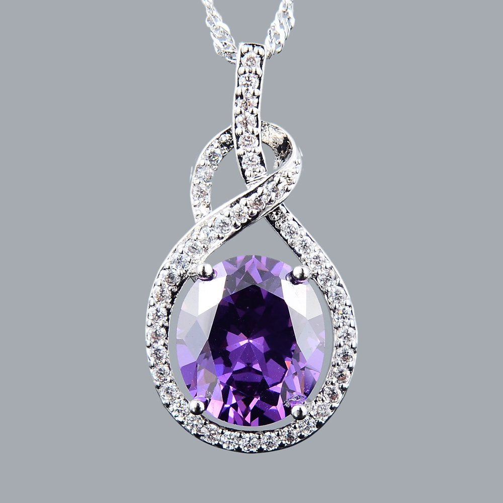 RIZILIA Pendant with 18" Chain & Oval Cut CZ [6 Colors available] in White Gold Plated, Simple Modern Elegant