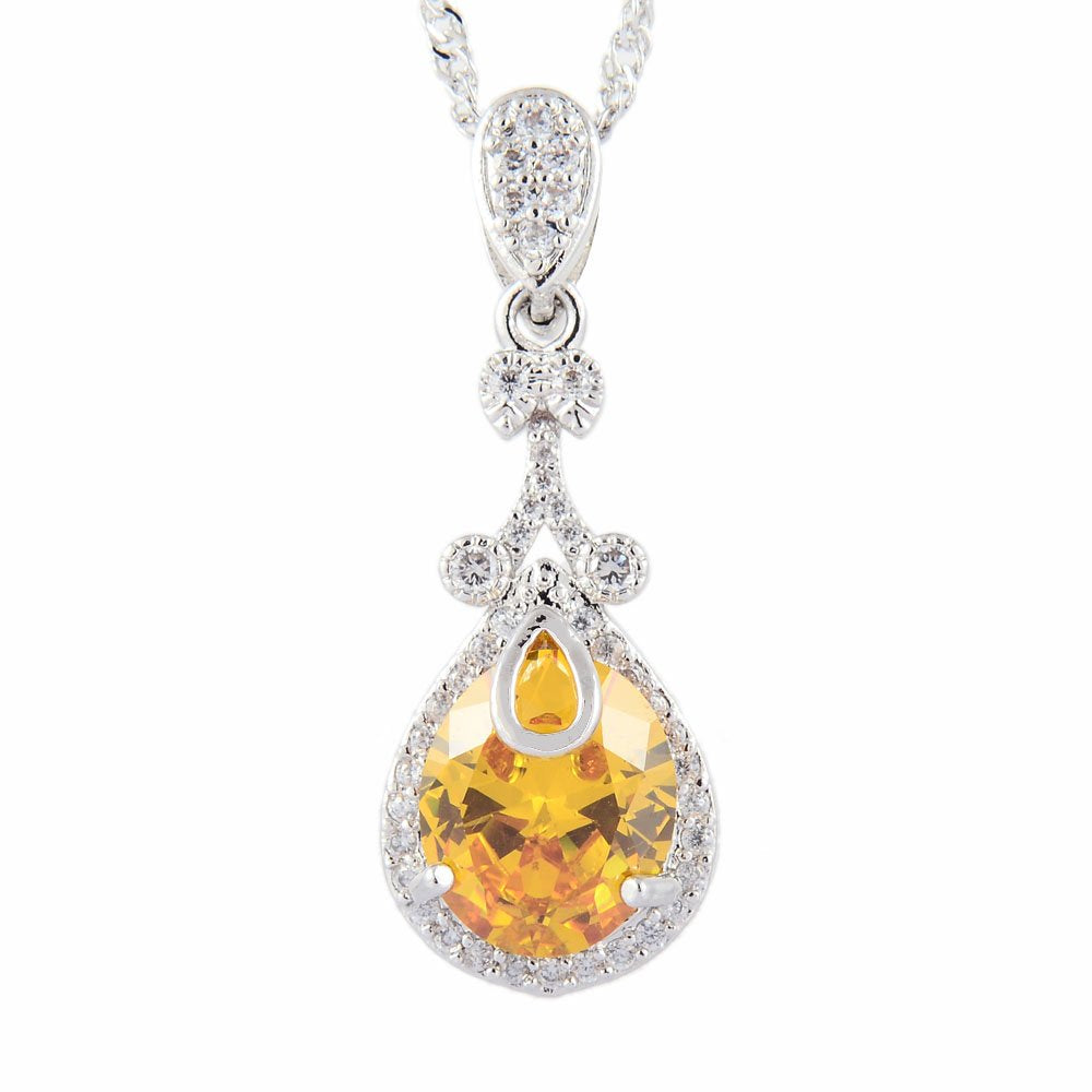 RIZILIA Pendant with 18" Chain & Oval Cut CZ [5 Colors available] in White Gold Plated, Simple Modern Elegant