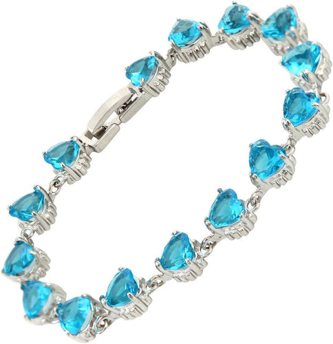 RIZILIA HEARTS Tennis Bracelet & Heart Cut CZ [Simulated Aquamarine] in White Gold Plated, 7