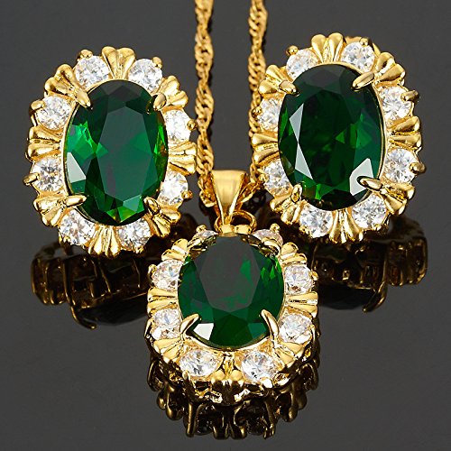 RIZILIA BLOSSOM Jewelry Set Pendant with 18" Chain & Stud Earrings Oval Cut CZ [3 Colors available] in Yellow Gold Plated, Simple Modern Elegant