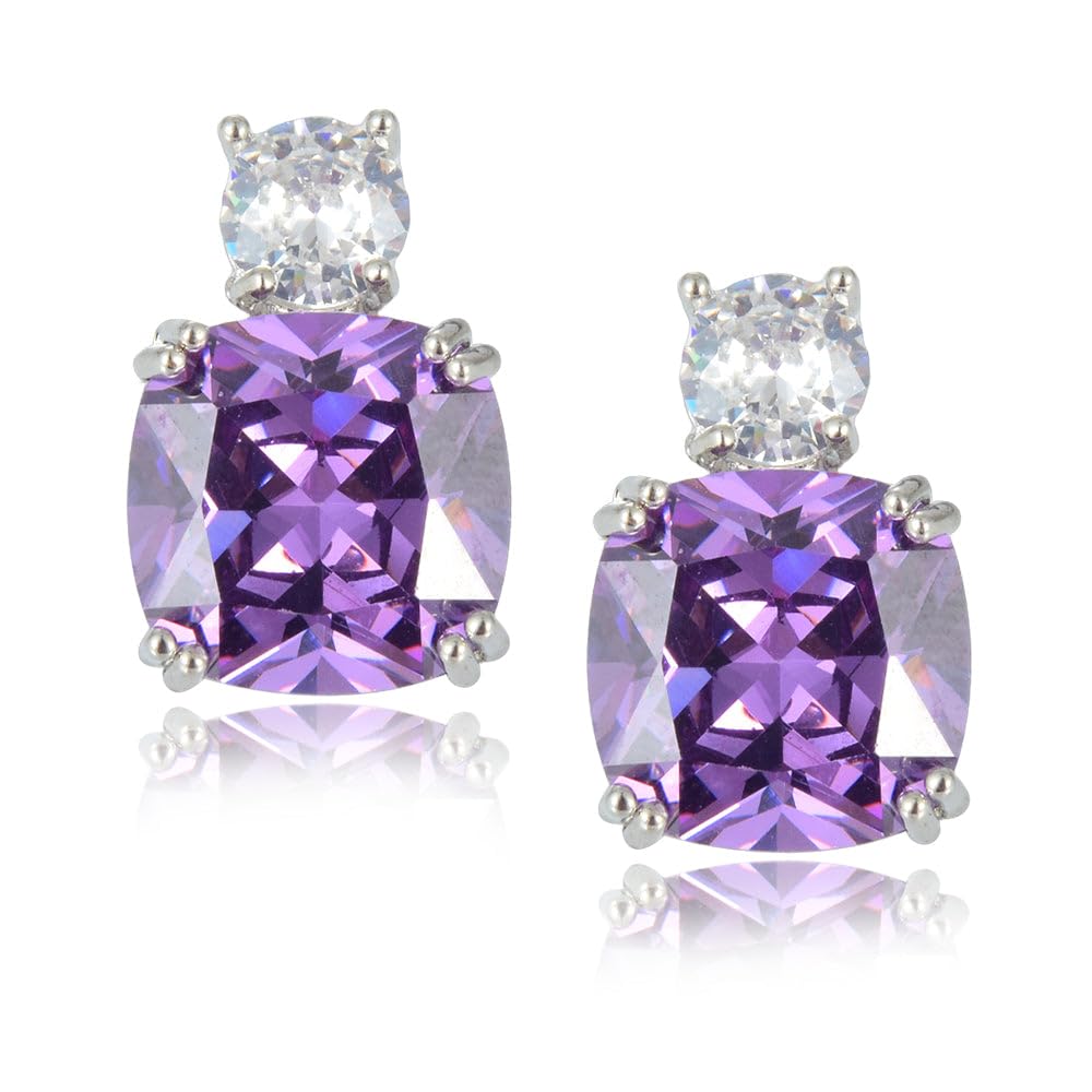 [RIZILIA CLASSIC] Stud Pierced Earrings with Cushion Cut Gemstones CZ [Multi-Colors available] in 18K White Gold Plated, Simple Modern Elegant