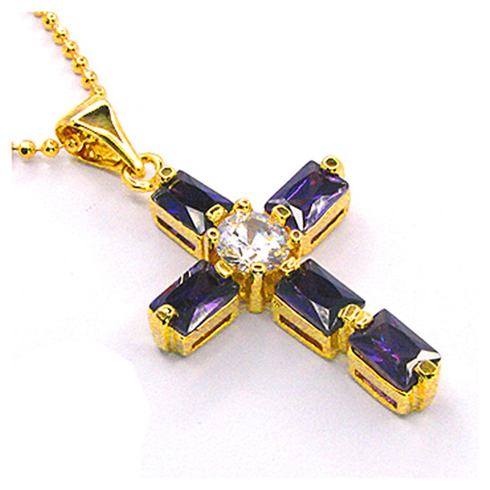 RIZILIA Cross Pendant with 18" Chain & Rectangular Cut CZ [6 Colors available] in Yellow Gold Plated, Simple Modern Elegant