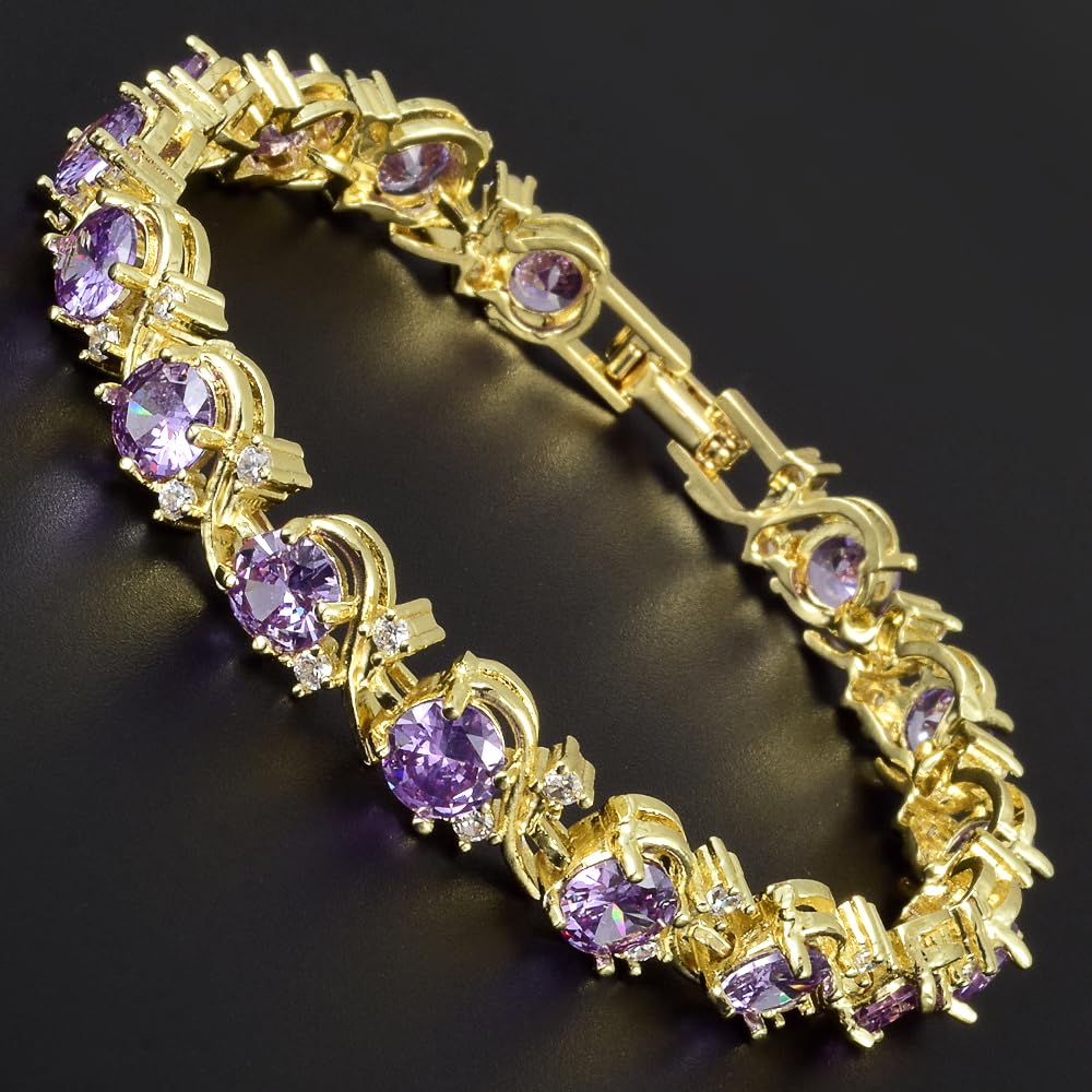 RIZILIA BLOSSOM Tennis Bracelet & Round Cut CZ [6 Colors available] in Yellow Gold Plated, 7"