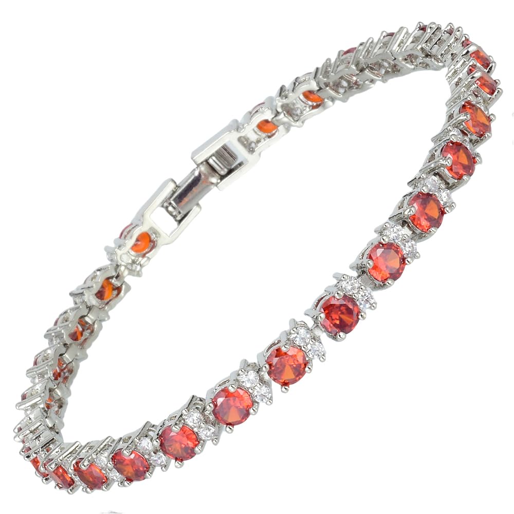 RIZILIA Round Multi-Color CZ Birthstone White Gold Plated Tennis Bracelet, 7"