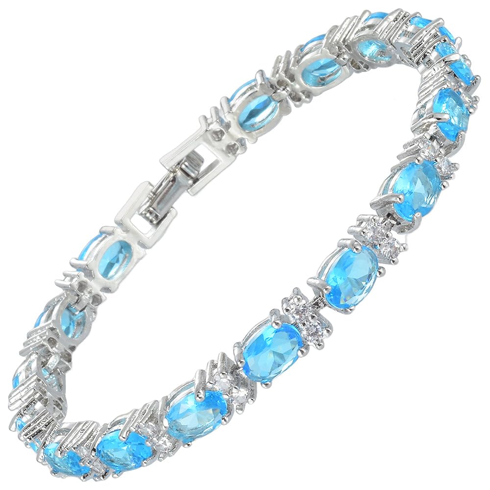 RIZILIA Oval Cut Multi-Color CZ Birthstone 18K White Gold Plated Tennis Bracelet, 7"