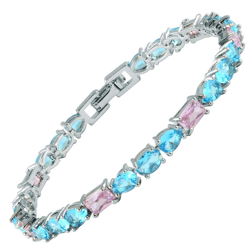 RIZILIA Emerald&Oval&Pear Cut White Cubic Zirconia CZ 18K White Gold Plated Tennis Bracelet, 7"