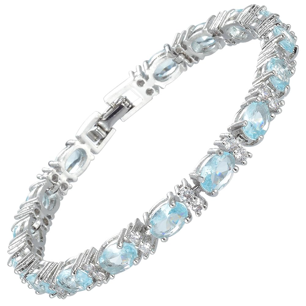RIZILIA Oval Cut Multi-Color CZ Birthstone 18K White Gold Plated Tennis Bracelet, 7"