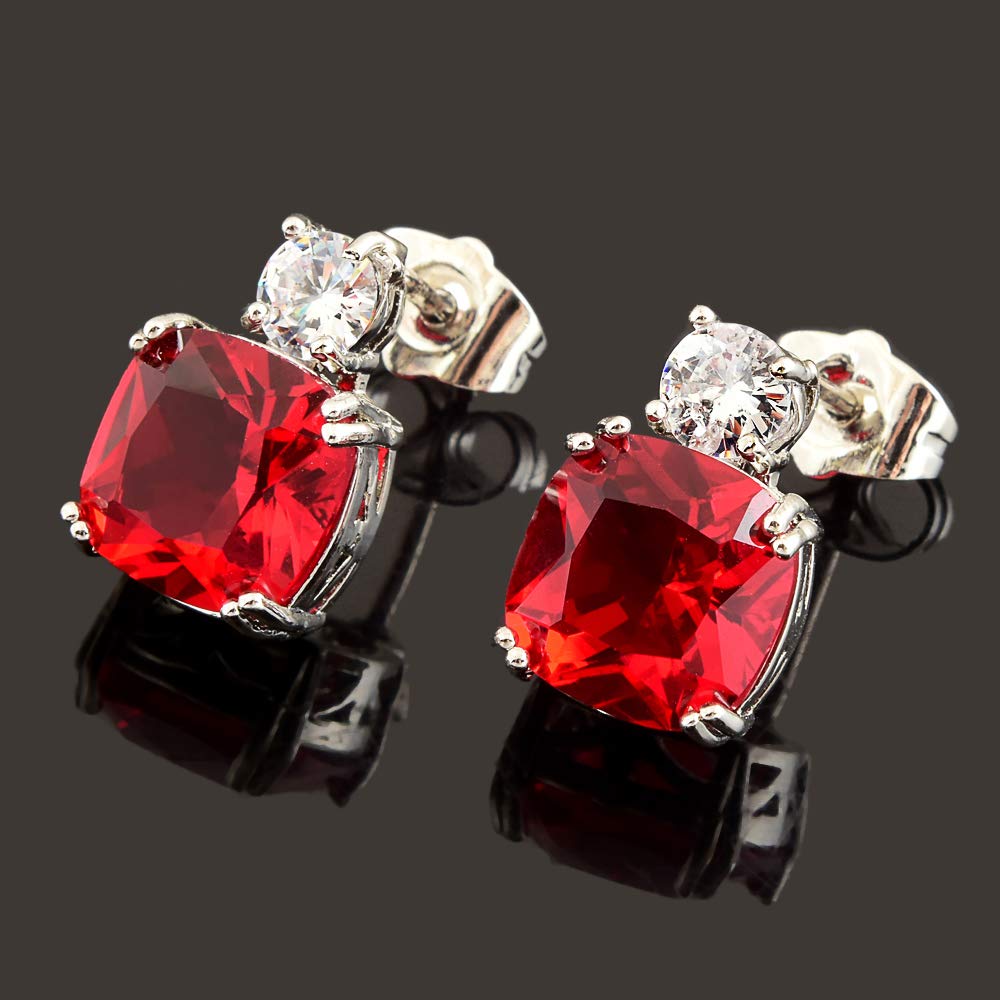 [RIZILIA CLASSIC] Stud Pierced Earrings with Cushion Cut Gemstones CZ [Multi-Colors available] in 18K White Gold Plated, Simple Modern Elegant