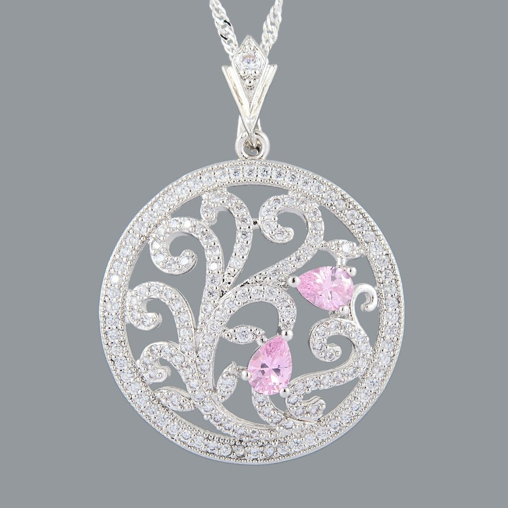 RIZILIA BLOSSOM Flower Vine Pendant with 18" Chain & Pear Cut CZ [5 Colors available] in White Gold Plated, Simple Modern Elegant
