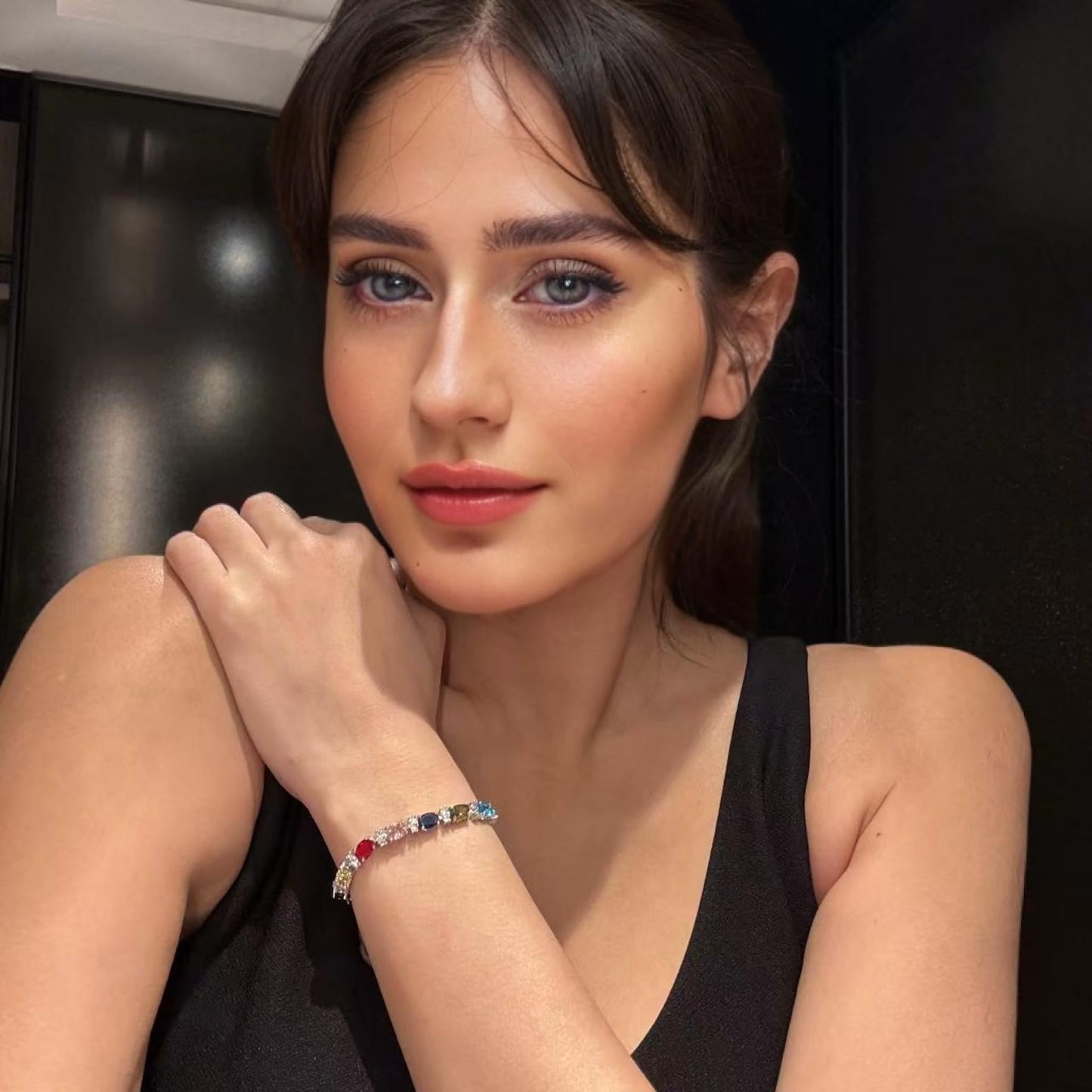 RIZILIA Oval Cut Multi-Color CZ Birthstone 18K White Gold Plated Tennis Bracelet, 7"