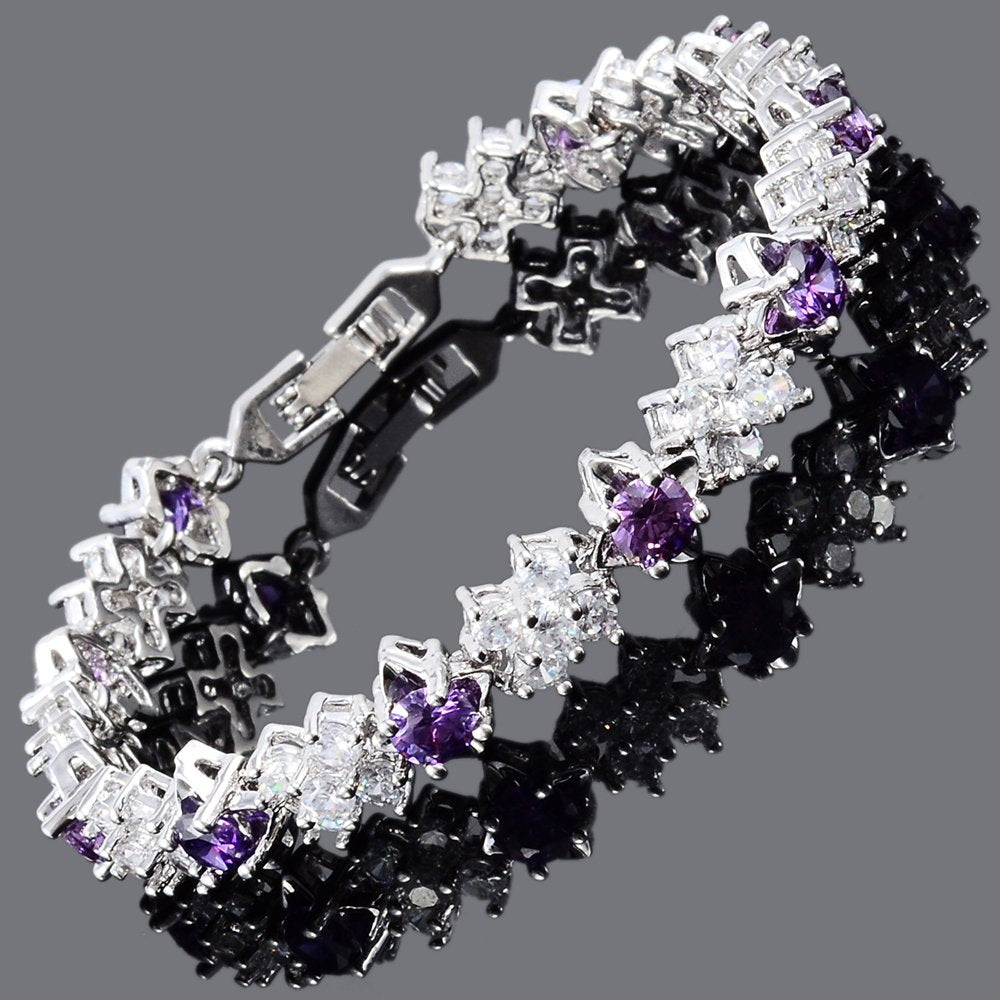 RIZILIA BLOSSOM Tennis Bracelet & Round Cut CZ [6 Colors available] in White Gold Plated, 7"