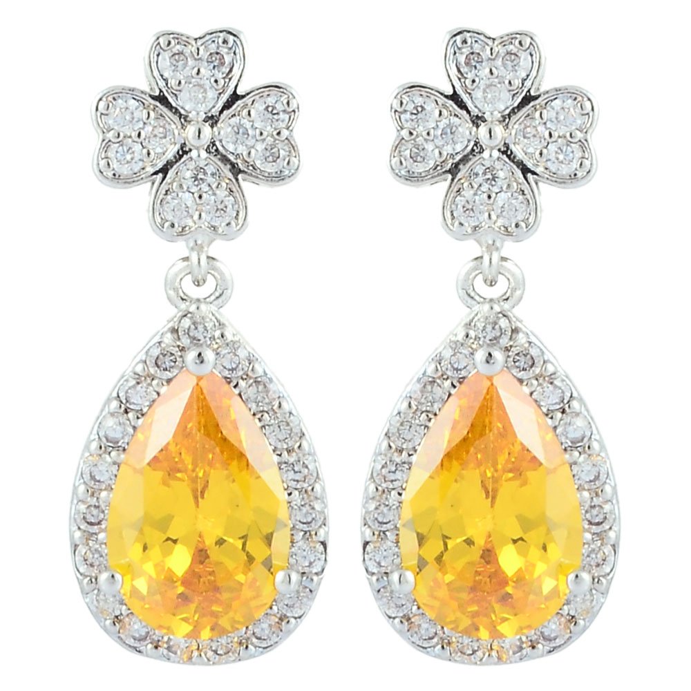 [RIZILIA BLOSSOM] Dangle Drop Pierced Earrings with Pear Cut CZ [4 Colors available] in White Gold Plated, Simple Modern Elegant