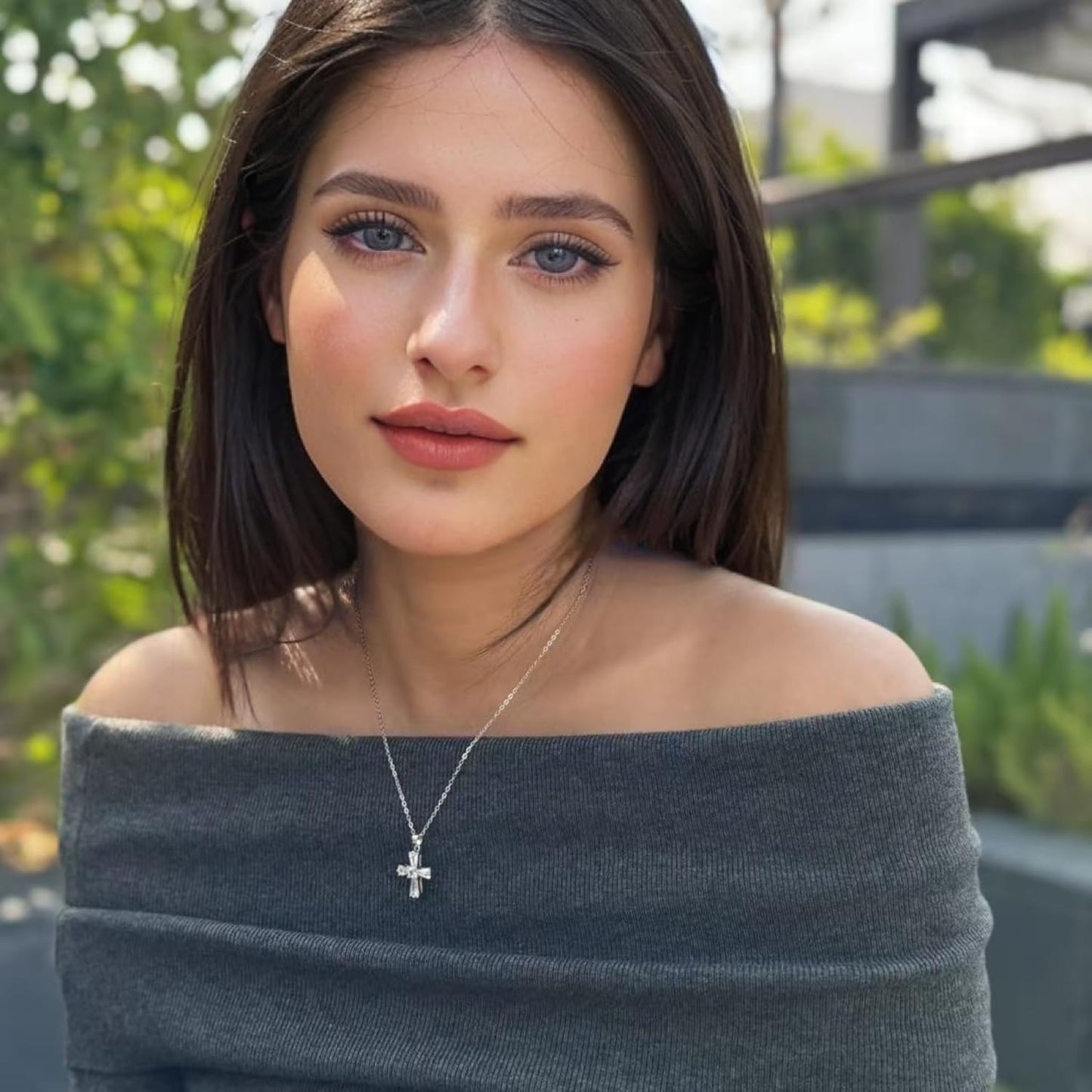 RIZILIA 18K White Gold Plated Women's Cross Necklace, Tapered Baguette Cut CZ [Simulated White Topaz] Dainty Cross Pendant Necklace for Women, Trendy Jewelry Gift for Women