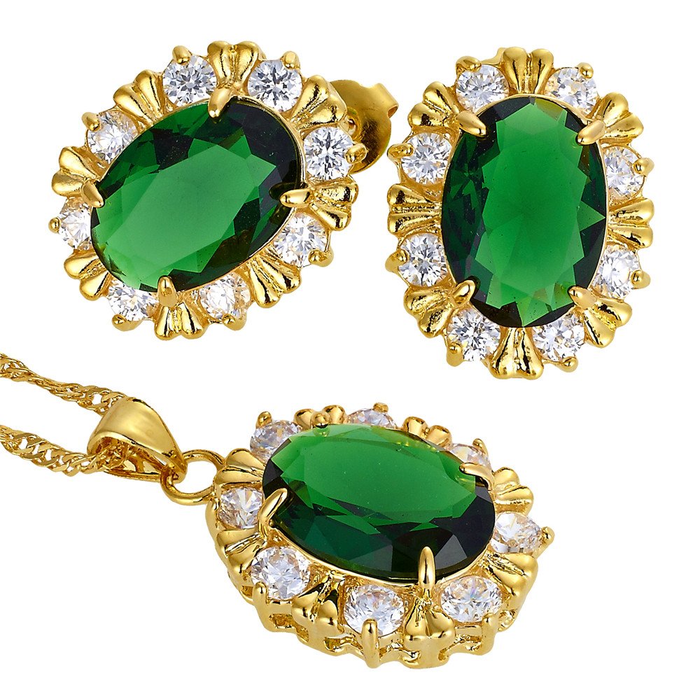 RIZILIA BLOSSOM Jewelry Set Pendant with 18" Chain & Stud Earrings Oval Cut CZ [3 Colors available] in Yellow Gold Plated, Simple Modern Elegant