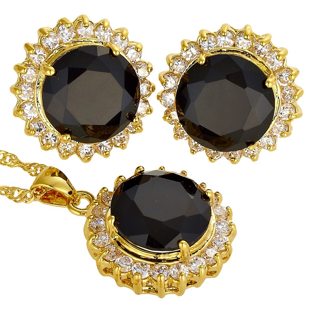 RIZILIA BLOSSOM Jewelry Set Pendant with 18" Chain & Stud Earrings Round Cut CZ [5 Colours available] in Yellow Gold Plated, Simple Modern Elegant