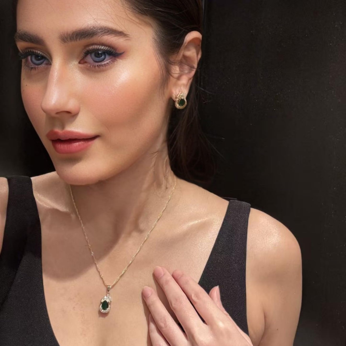 RIZILIA Jewelry Set for Women - Pear Cut Multiple Birthstone Colors Available - Yellow Gold Plated Pendant Necklace with 18 Inch Chain + 2 inch Extension and Stud Earrings