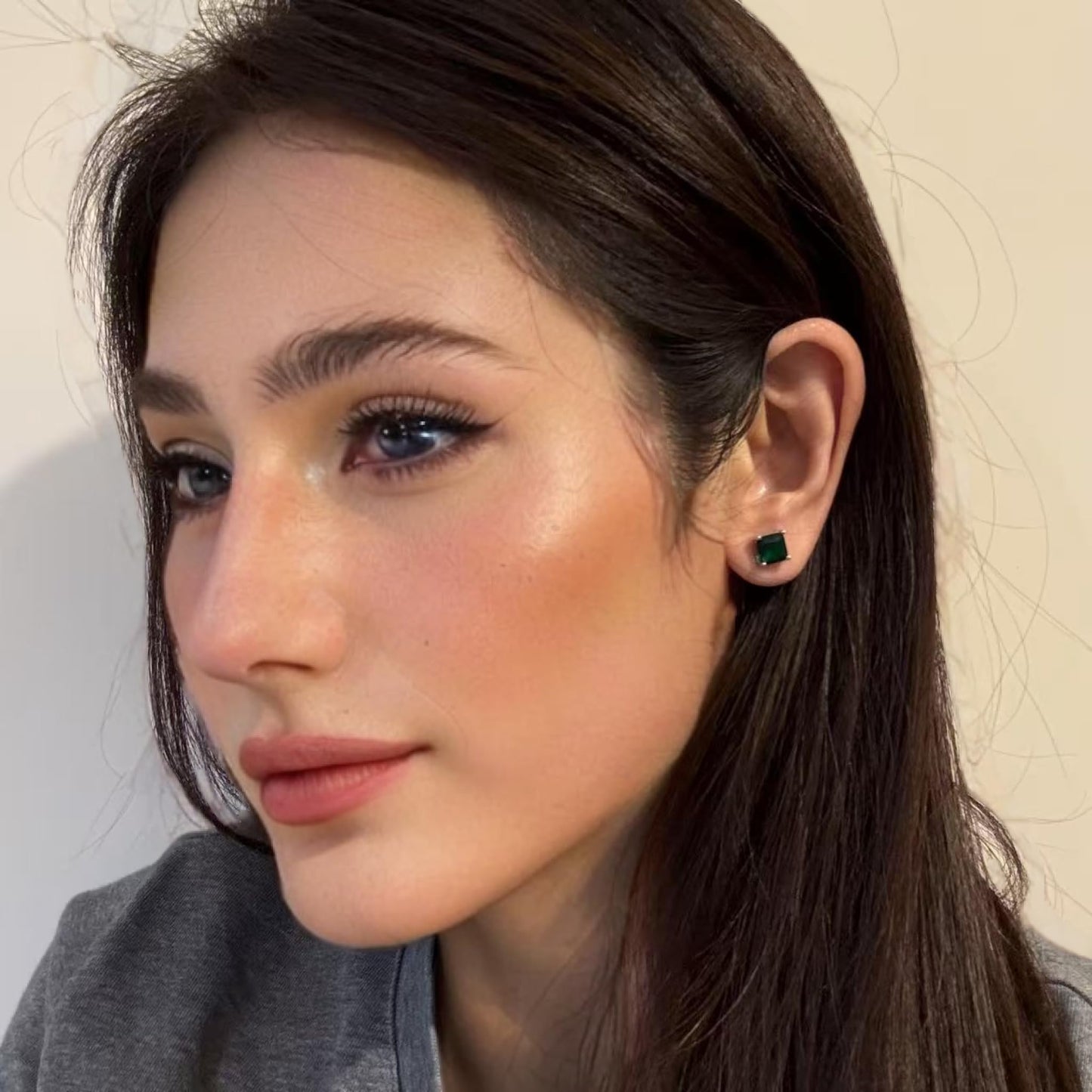 [RIZILIA CLASSIC] Stud Pierced Earrings with Square Emerald Cut Gemstones CZ [Multi-Colors available] in 18K White Gold Plated, Simple Modern Elegant