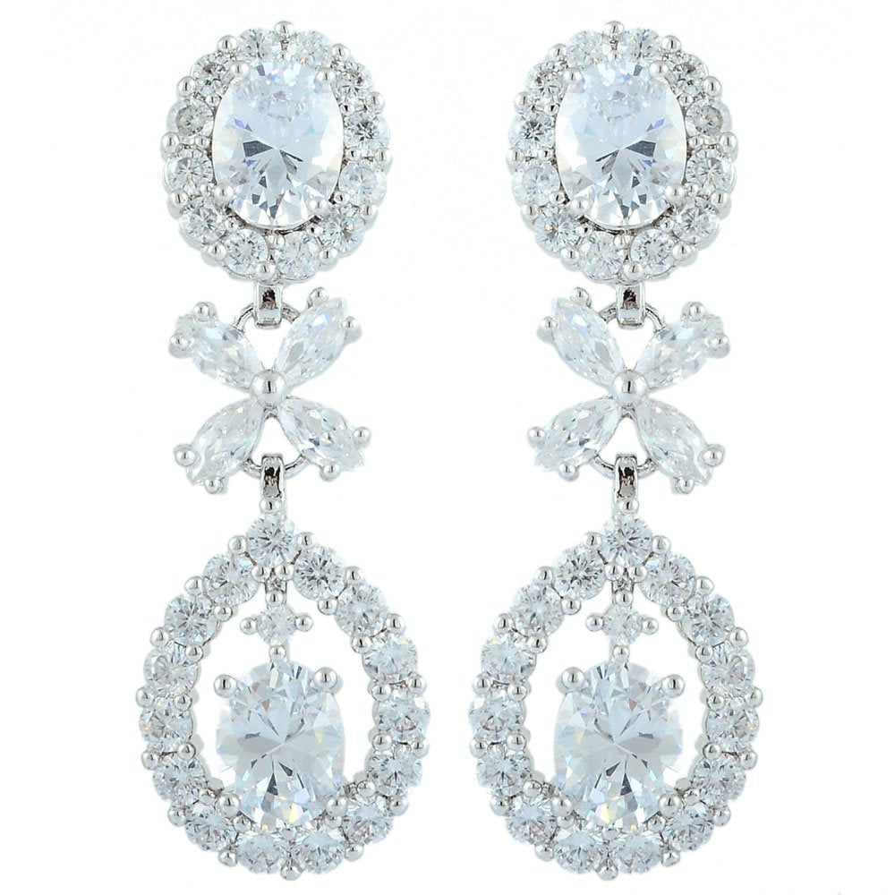 [RIZILIA BLOSSOM] Dangle Drop Pierced Earrings with Oval Cut CZ [3 Colors available] in White Gold Plated, Simple Modern Elegant