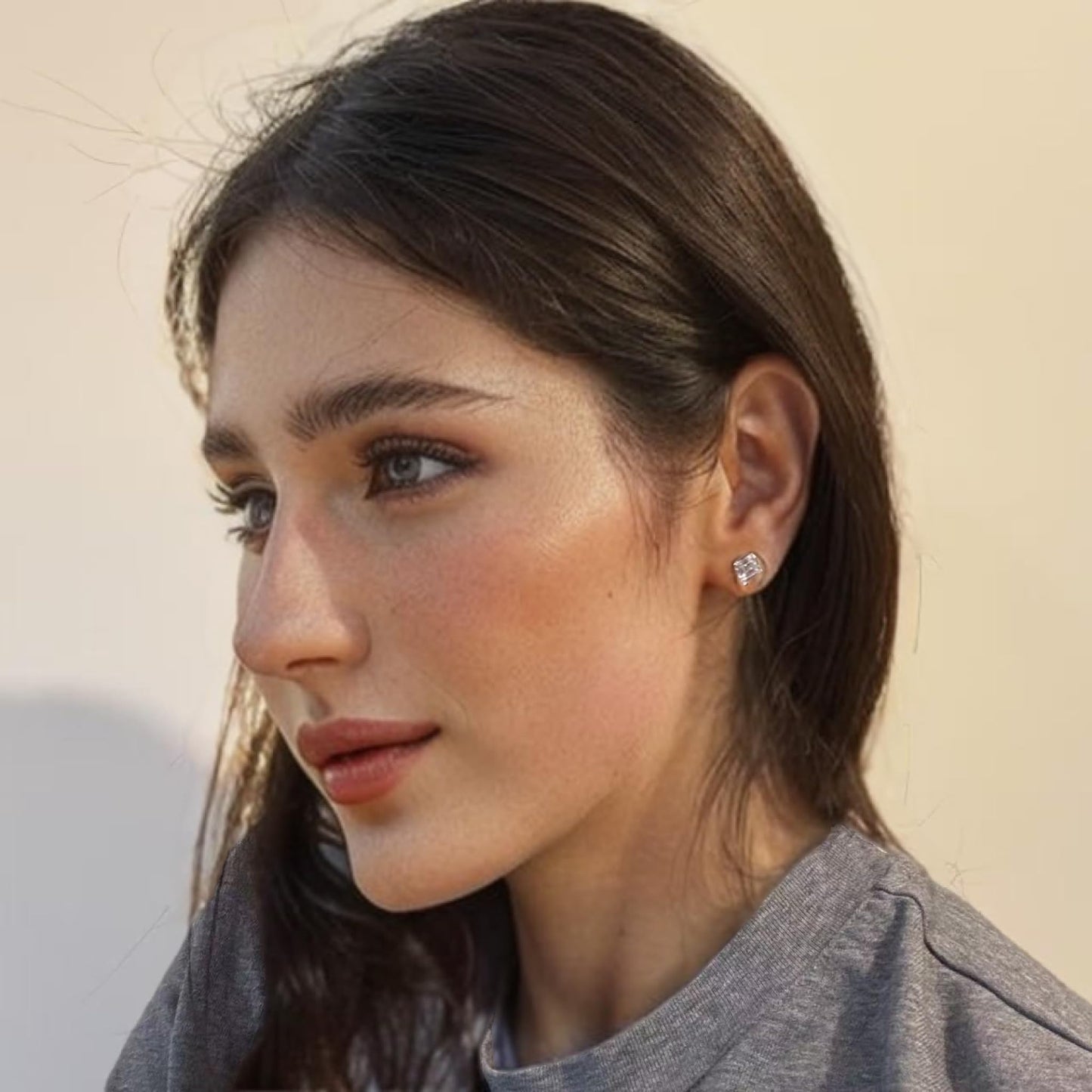 [RIZILIA CLASSIC] Stud Pierced Earrings with Square Emerald Cut Gemstones CZ [Multi-Colors available] in 18K White Gold Plated, Simple Modern Elegant