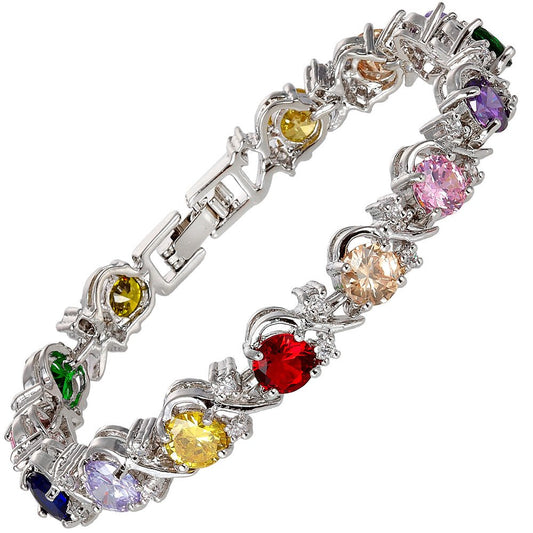 RIZILIA BLOSSOM Tennis Bracelet & Round Cut CZ [6 Colors available] in White Gold Plated, 7"