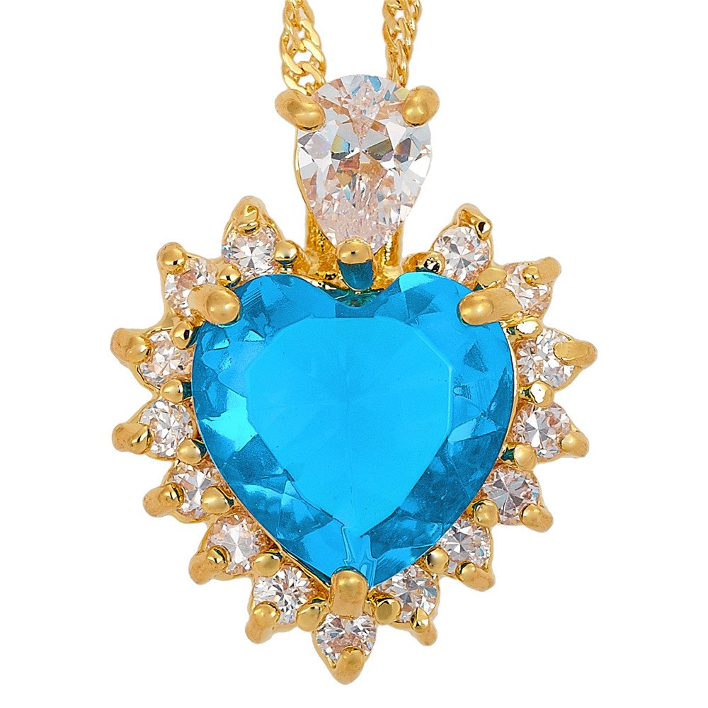 RIZILIA Ocean Heart Pendant with 18" Chain & Heart Cut CZ [5 Colors Available] in Yellow Gold Plated, Simple Modern Elegant
