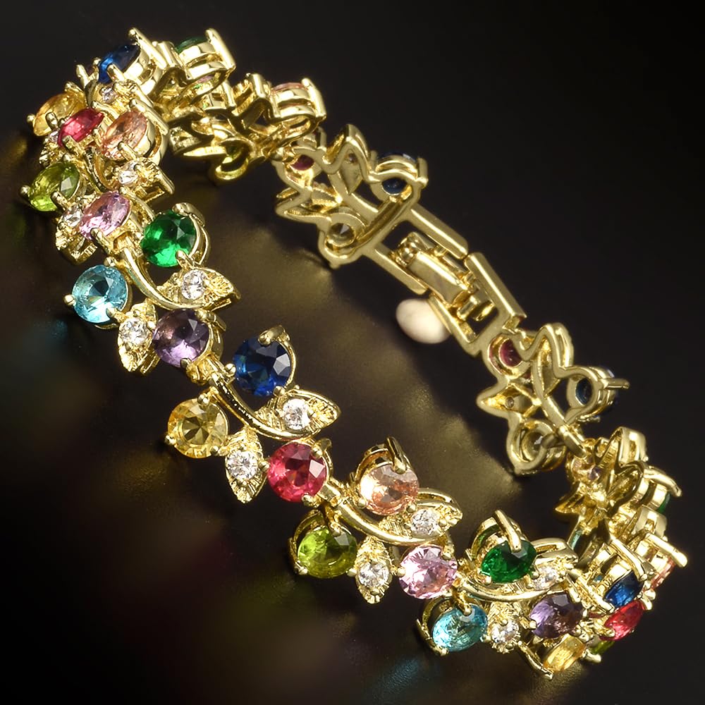 RIZILIA Blossom Tennis Bracelet for Women – 7" Round Cut Multicolor Cubic Zirconia CZ in Gold Plated, Fashion Jewelry Gift