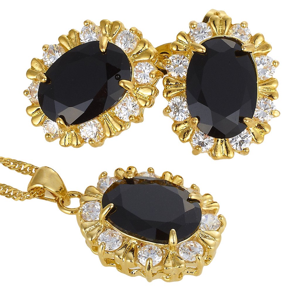 RIZILIA BLOSSOM Jewelry Set Pendant with 18" Chain & Stud Earrings Oval Cut CZ [3 Colors available] in Yellow Gold Plated, Simple Modern Elegant