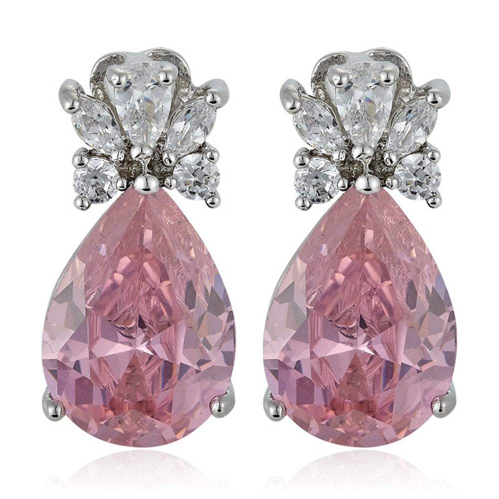 RIZILIA Teardrop Stud Pierced Earrings with Pear Cut CZ [5 Colors available] in White Gold Plated, Simple Modern Elegant