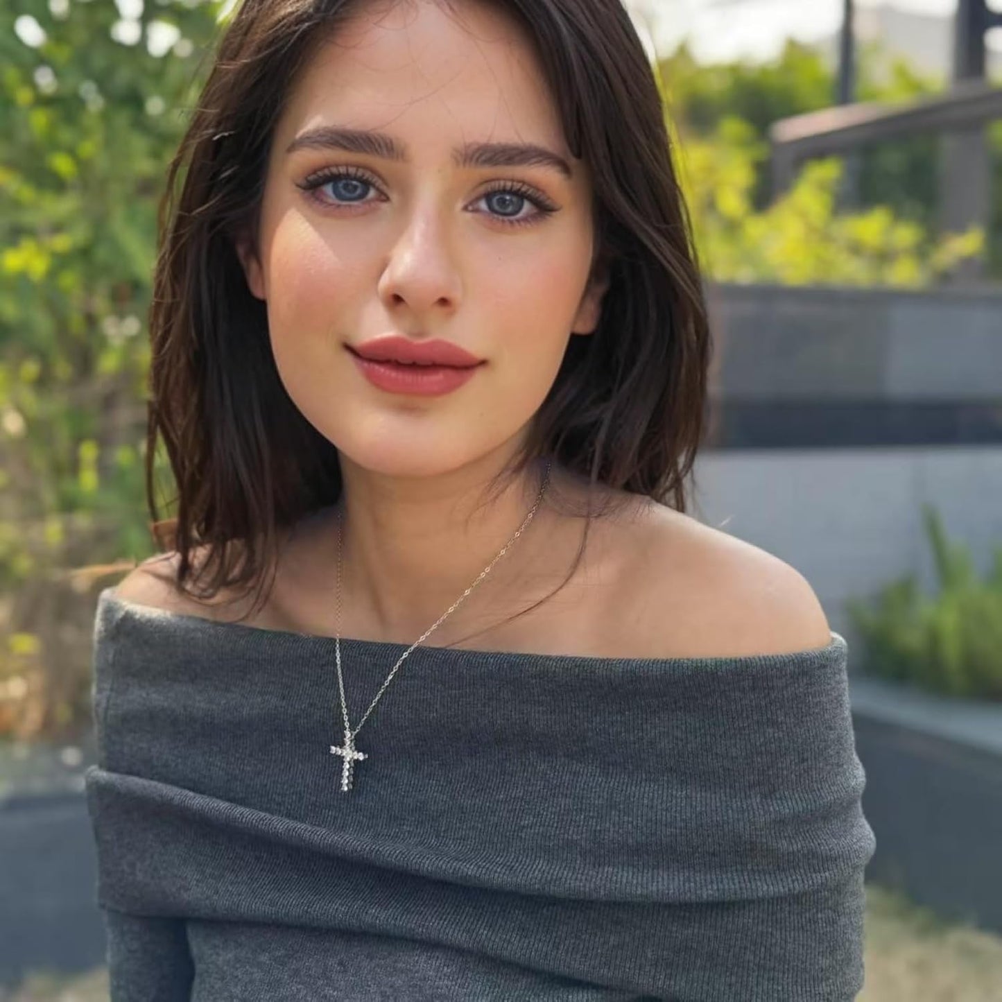 RIZILIA 18K White Gold Plated Women's Cross Necklace, Heart Cut CZ [Simulated White Topaz] Cross Pendant Necklace for Women, Trendy Jewelry Gift for Women