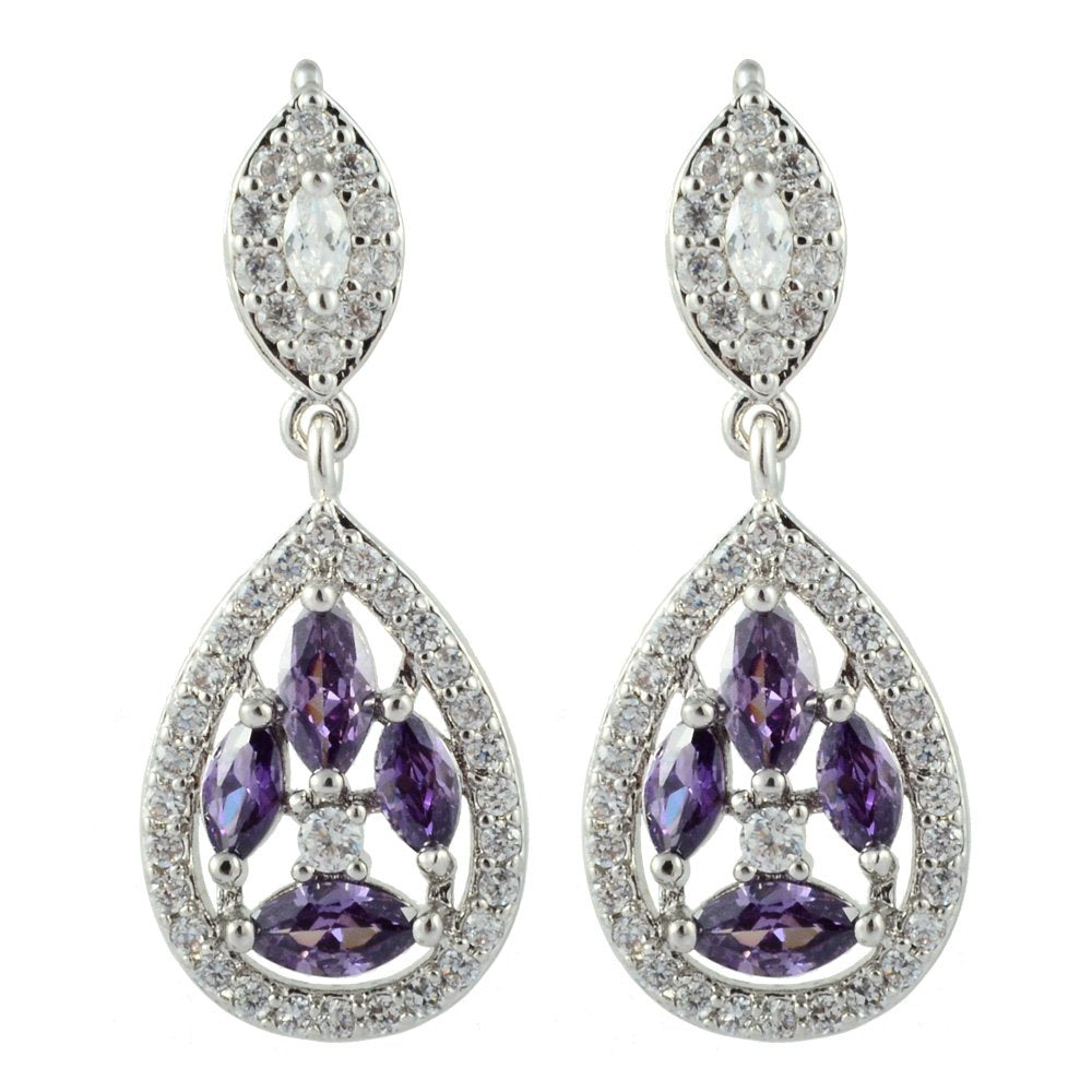 [RIZILIA BLOSSOM] Dangle Drop Pierced Earrings with Marquise Cut CZ [5 Colors available] in White Gold Plated, Simple Modern Elegant