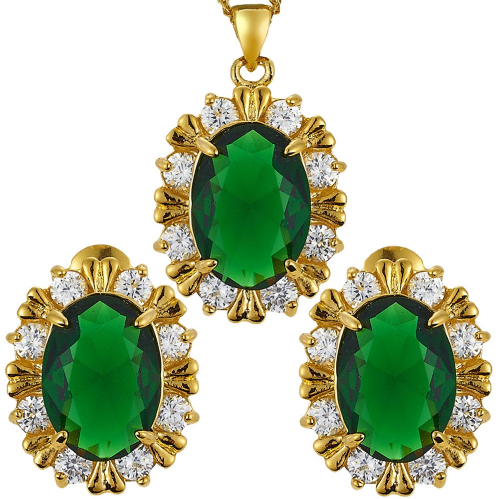 RIZILIA BLOSSOM Jewelry Set Pendant with 18" Chain & Stud Earrings Oval Cut CZ [3 Colors available] in Yellow Gold Plated, Simple Modern Elegant