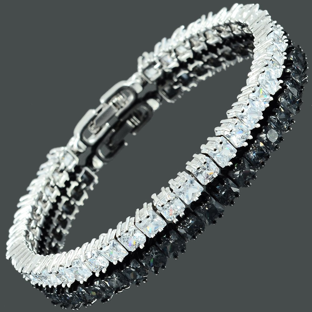 RIZILIA [Ice Cube] Princess Cut Multi-Color CZ 18K White Gold Plated Tennis Bracelet, 7"