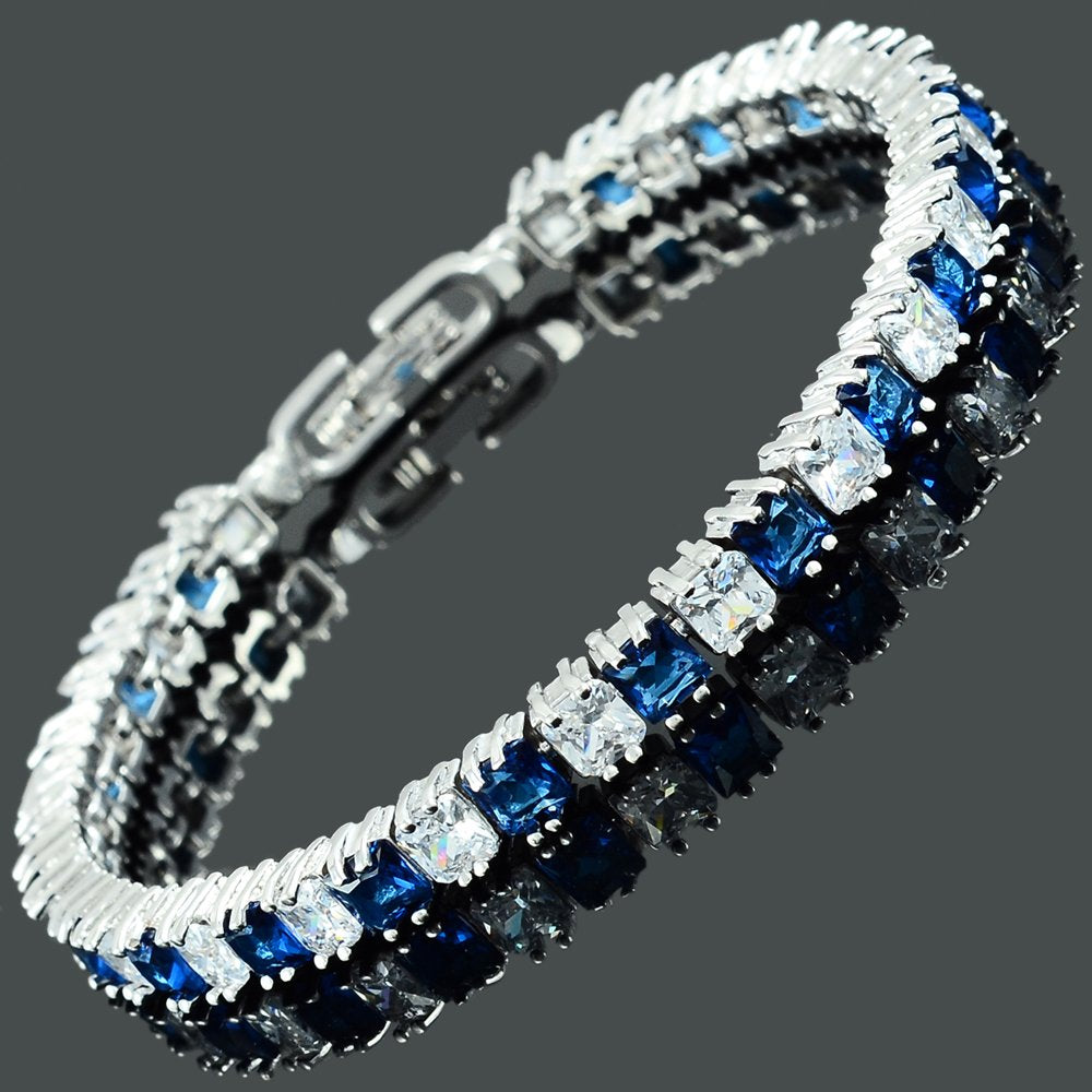 RIZILIA [Ice Cube] Princess Cut Multi-Color CZ 18K White Gold Plated Tennis Bracelet, 7"