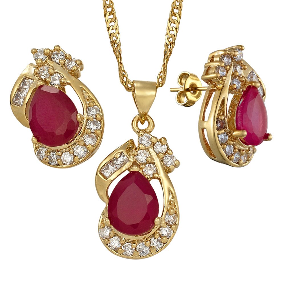 RIZILIA Jewelry Set for Women - Pear Cut Multiple Birthstone Colors Available - Yellow Gold Plated Pendant Necklace with 18 Inch Chain + 2 inch Extension and Stud Earrings