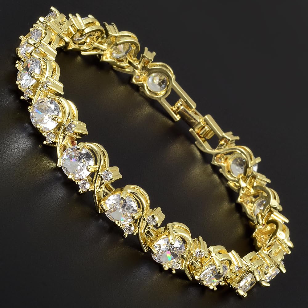 RIZILIA BLOSSOM Tennis Bracelet & Round Cut CZ [6 Colors available] in Yellow Gold Plated, 7"