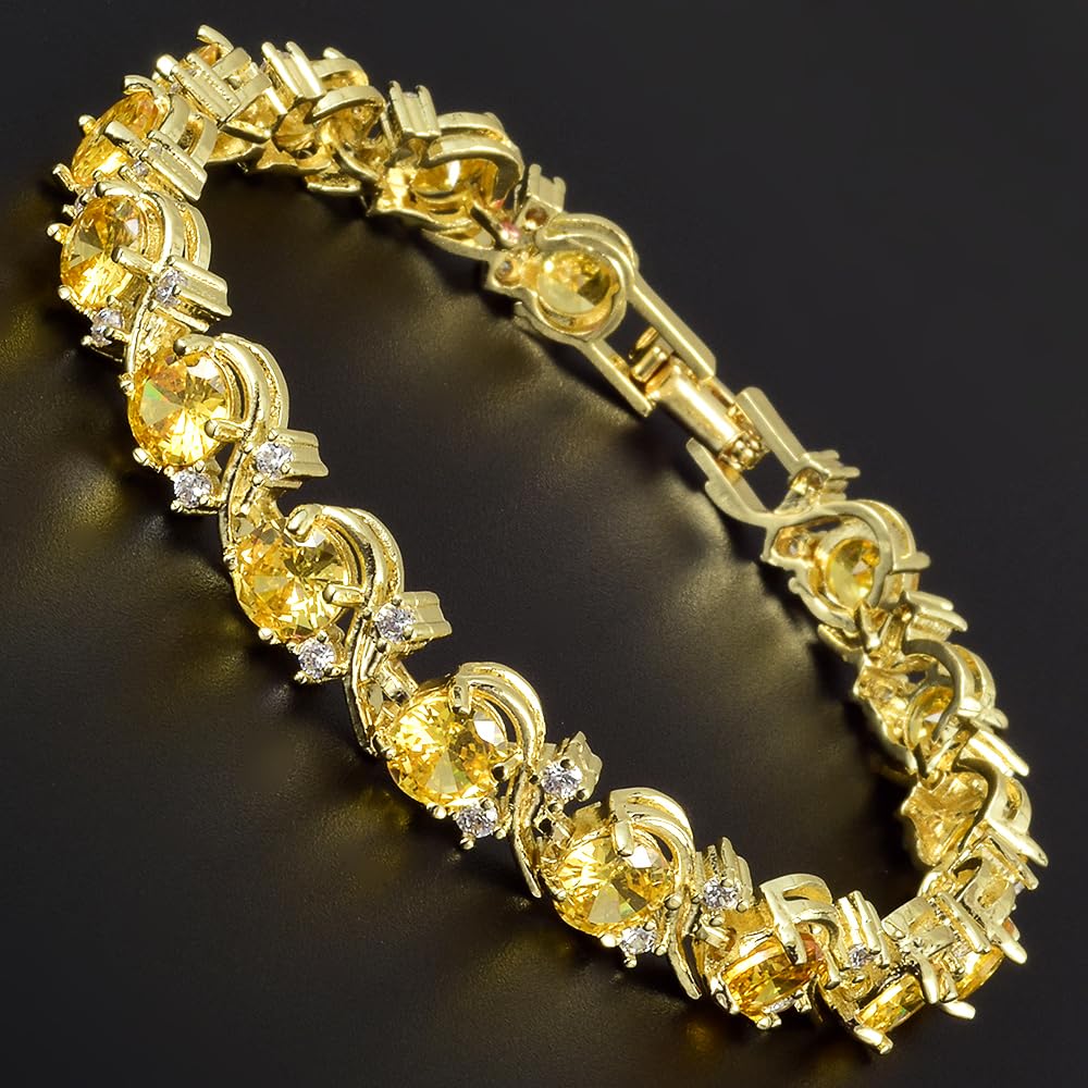 RIZILIA BLOSSOM Tennis Bracelet & Round Cut CZ [6 Colors available] in Yellow Gold Plated, 7"