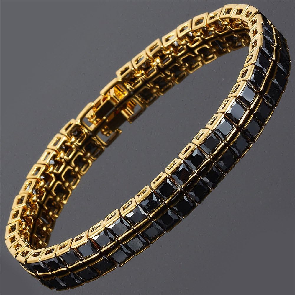 RIZILIA Tennis Bracelet & Square Cut CZ [Simulated Black Onyx] in Yellow Gold Plated, 7"
