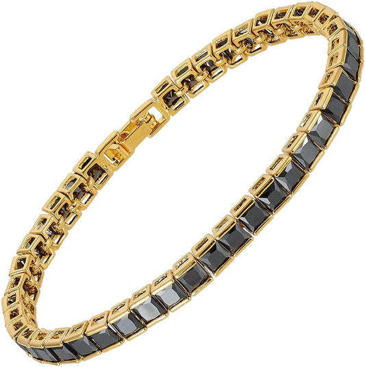 RIZILIA Tennis Bracelet & Square Cut CZ [Simulated Black Onyx] in Yellow Gold Plated, 7"