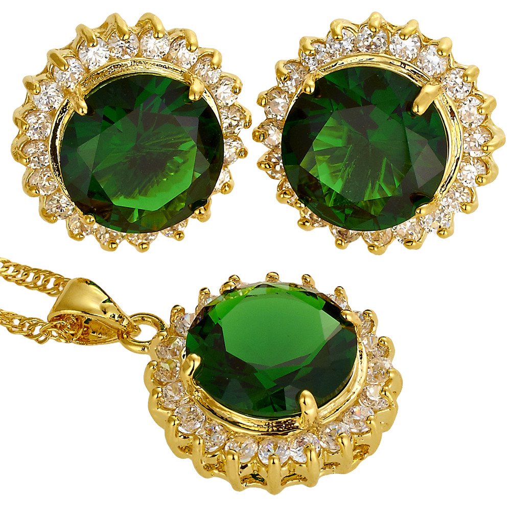 RIZILIA BLOSSOM Jewelry Set Pendant with 18" Chain & Stud Earrings Round Cut CZ [5 Colours available] in Yellow Gold Plated, Simple Modern Elegant