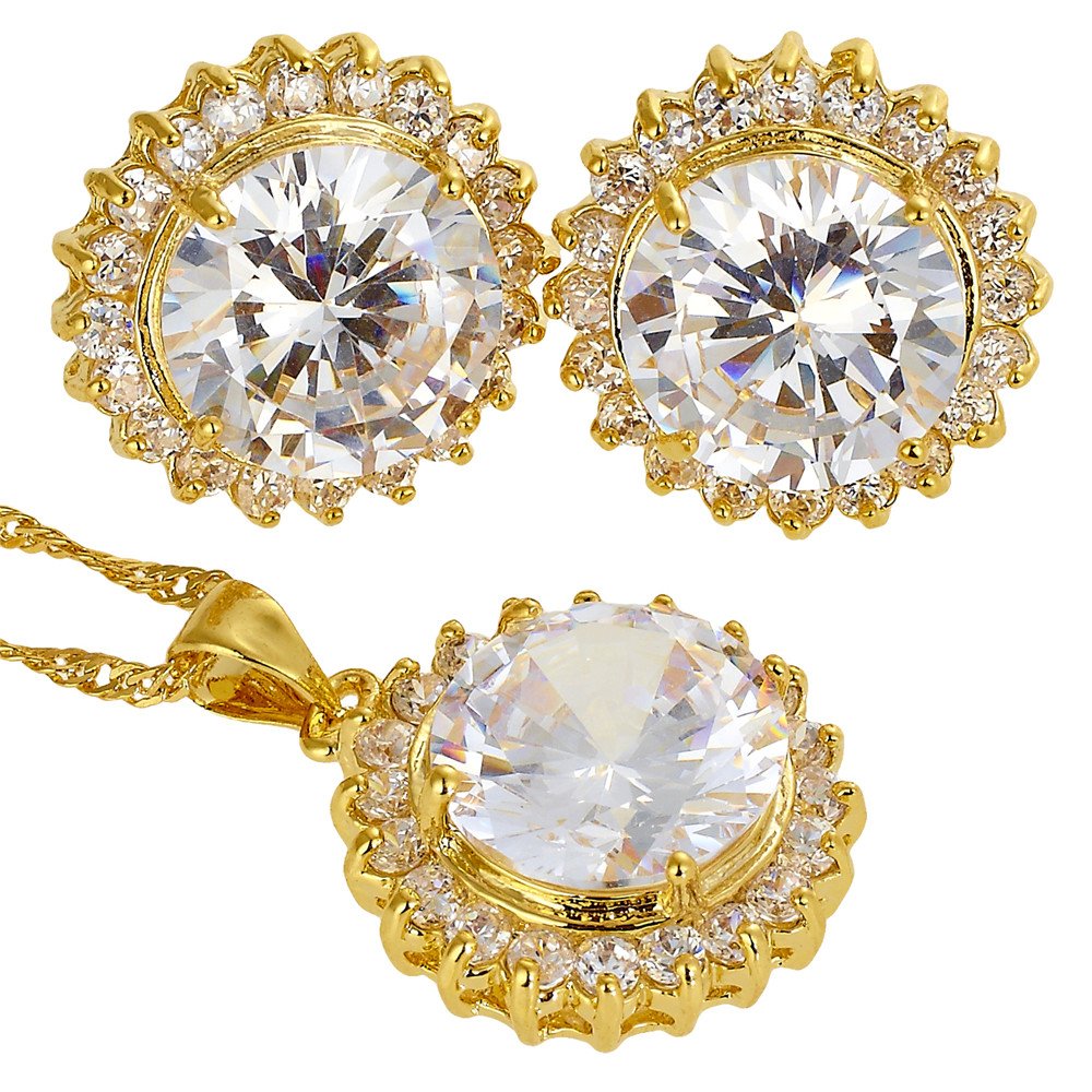 RIZILIA BLOSSOM Jewelry Set Pendant with 18" Chain & Stud Earrings Round Cut CZ [5 Colours available] in Yellow Gold Plated, Simple Modern Elegant