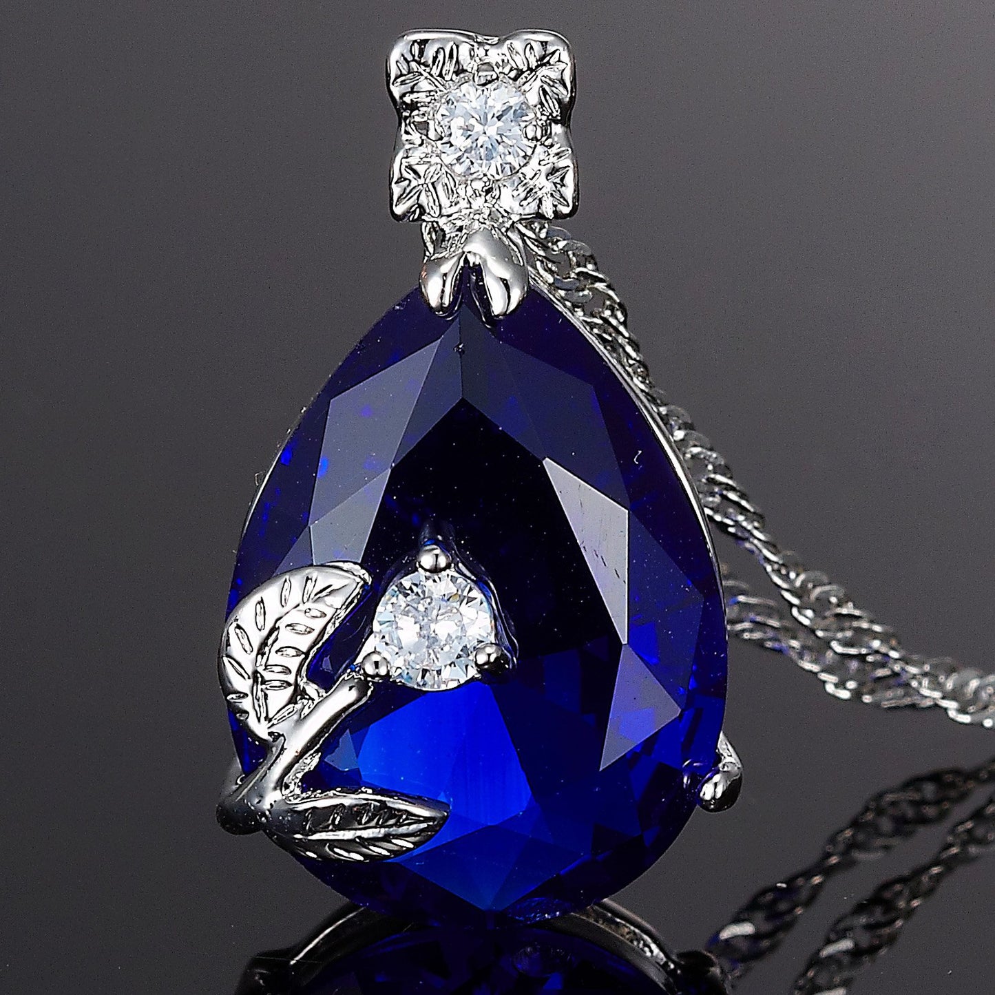 RIZILIA BLOSSOM Pendant with 18" Chain & Pear Cut CZ [5 Colors available] in White Gold Plated, Simple Modern Elegant