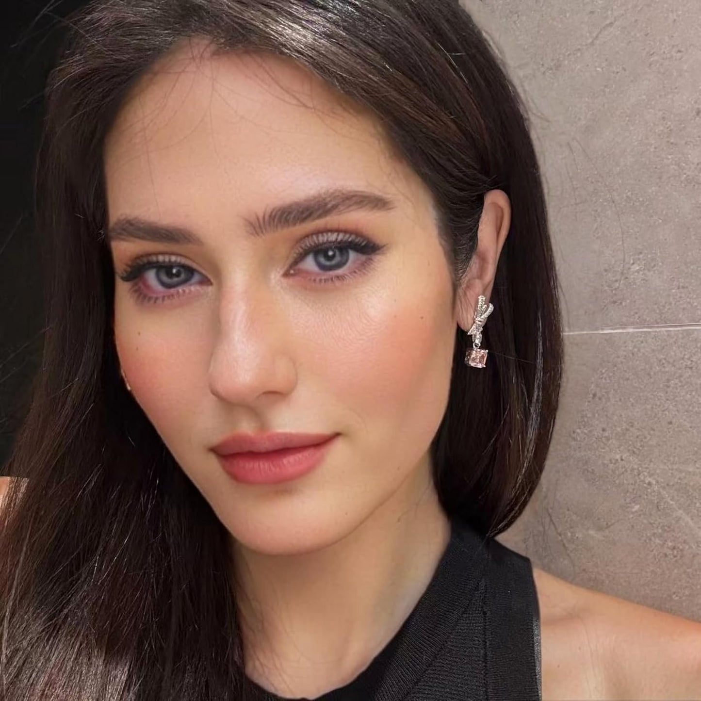 RIZILIA Bow 18K White Gold Plated Earrings for Women, Princess cut CZ [Simulated Pink Sapphire] Dangle Earrings, Trendy Jewelry Gift for Women